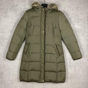 Lauren Ralph Lauren Coat Womens Small Green Down Puffer Hooded Faux Fur Long